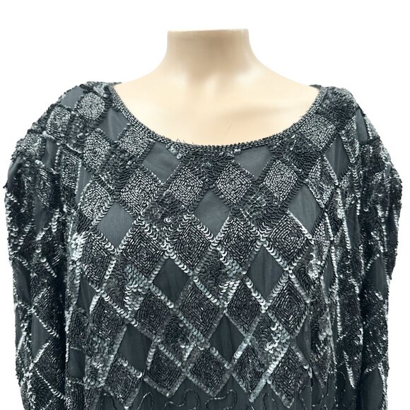 80s Vintage Laurence Kazar Sequin Beaded Silk Blouse Top Black Plus Size XL - Picture 3 of 10